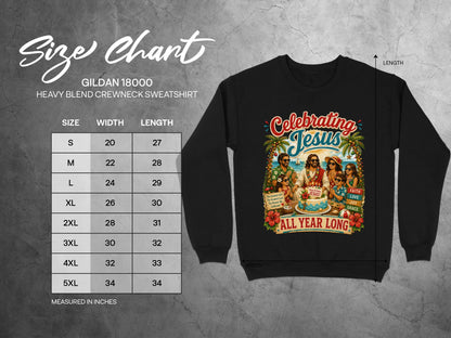Gildan 18000 sweatshirt size chart with celebrating Jesus graphic.