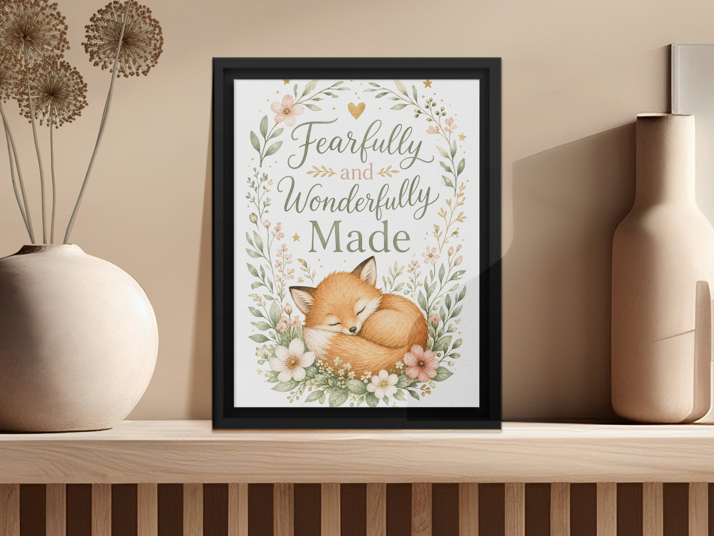 Framed art with sleeping fox, flowers, leaves, and text "Fearfully and Wonderfully Made."
