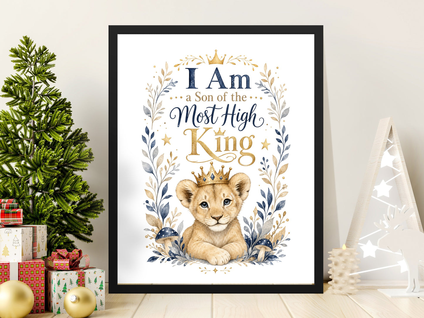 Framed print featuring a lion cub with a crown and text "I Am a Son of the Most High King."