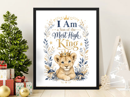 Framed print featuring a lion cub with a crown and text "I Am a Son of the Most High King."
