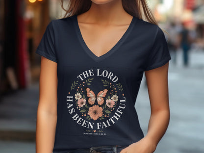 Dark t-shirt with "THE LORD HAS BEEN FAITHFUL" and floral wreath.