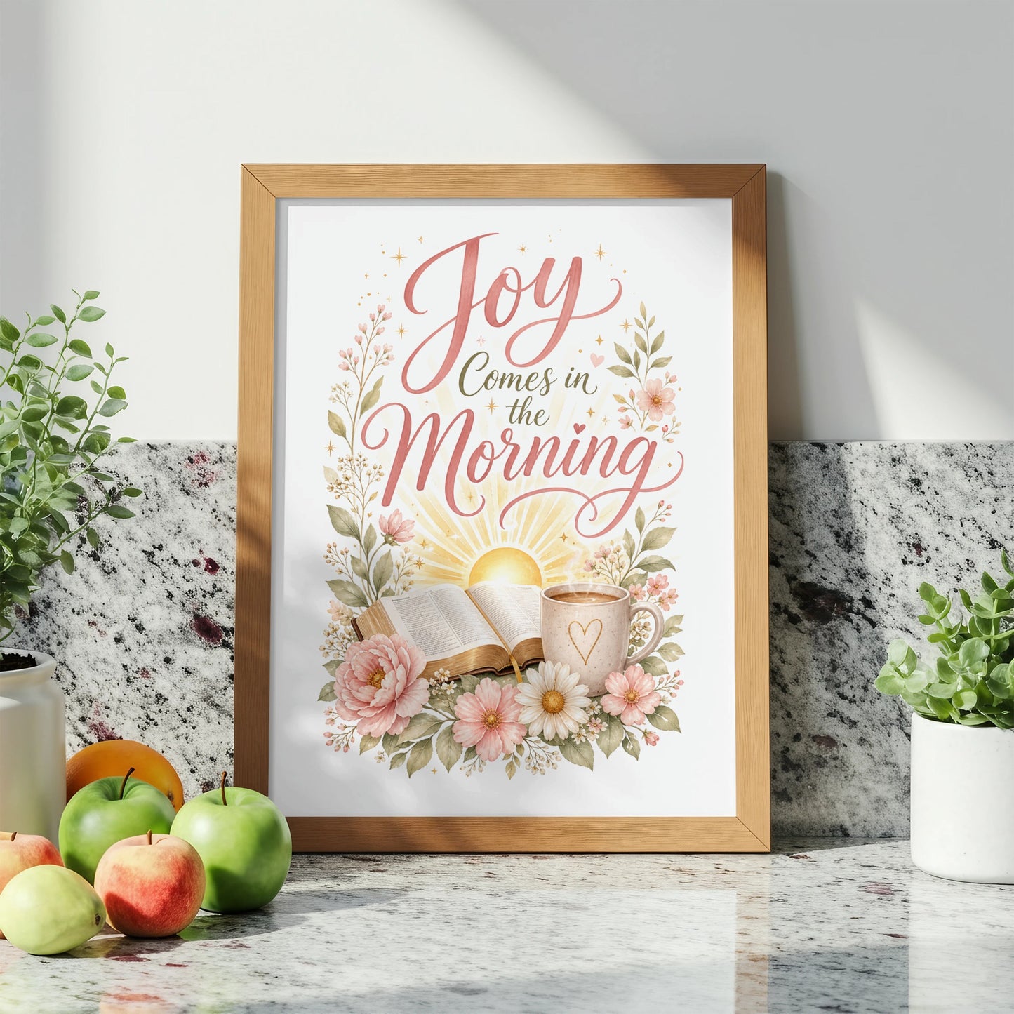 Framed art with text "Joy Comes in the Morning" and floral design.