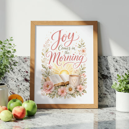 Framed art with text "Joy Comes in the Morning" and floral design.
