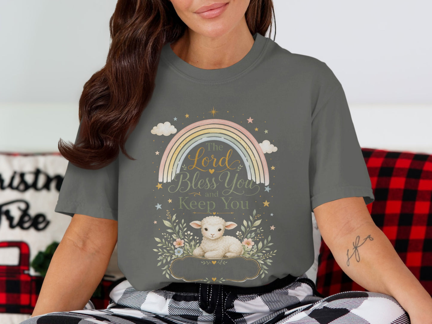 Grey t-shirt with rainbow, sheep, and text "The Lord Bless You and Keep You".