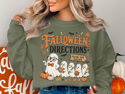 Halloween Directions "Follow Your Teacher" graphic with ghosts and pumpkins.