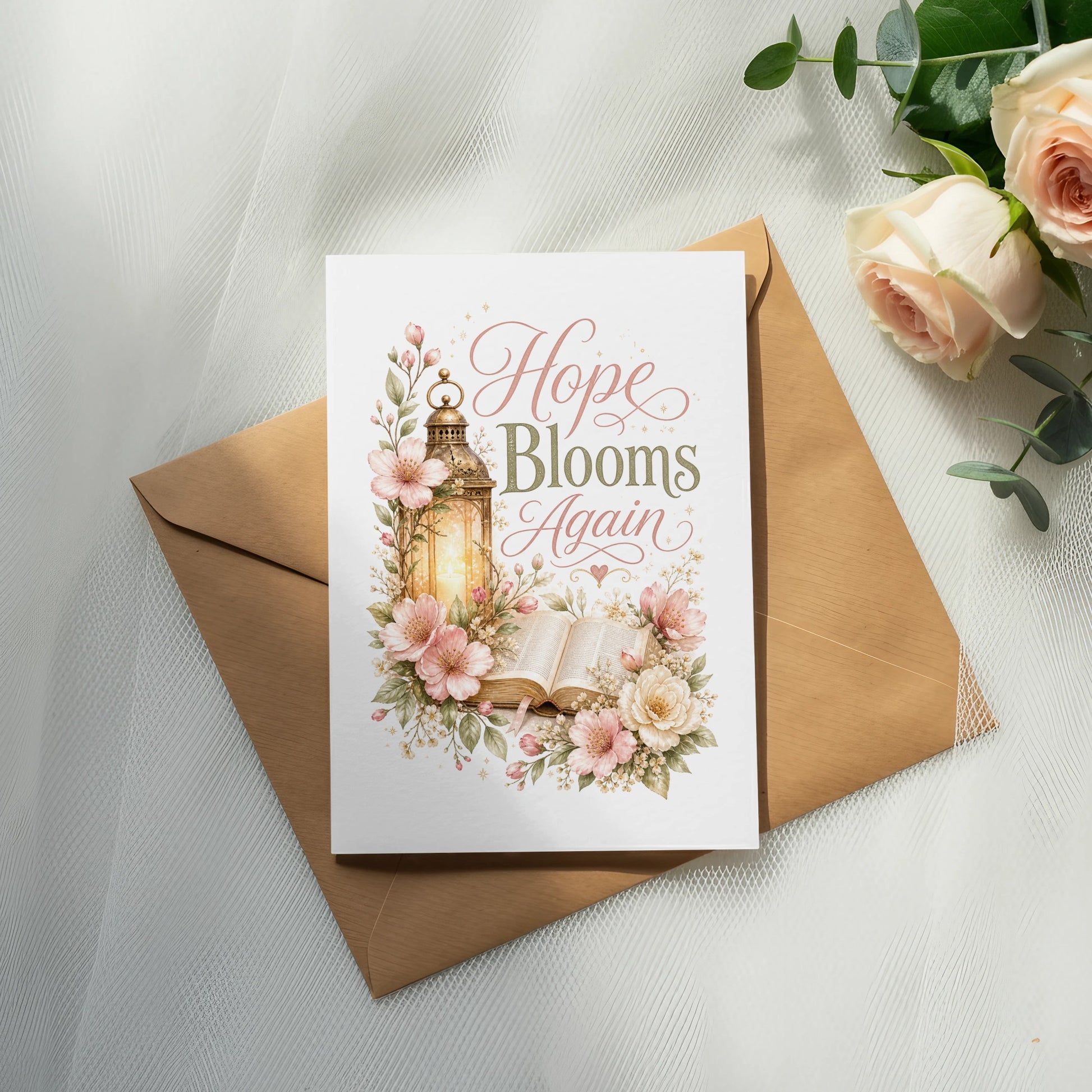 Card with "Hope Blooms Again" text, lantern, open book, and flowers.