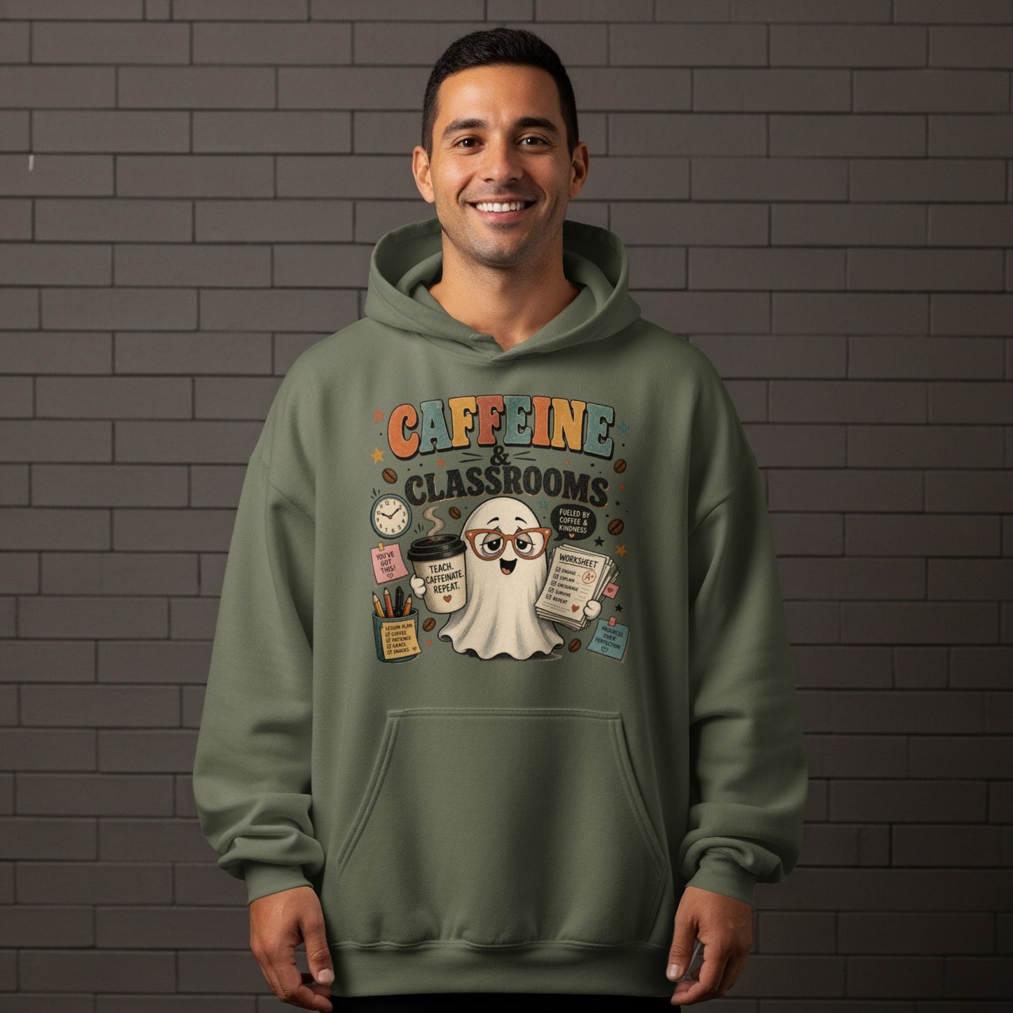 Ghost graphic with "Caffeine & Classrooms" text and school supplies.