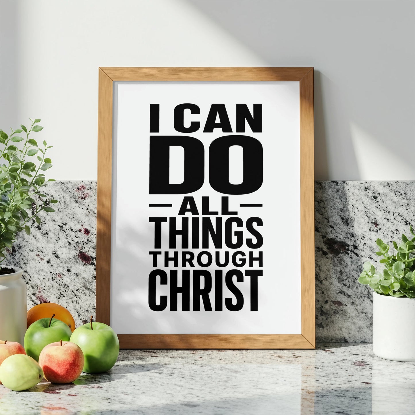 Wood-framed print with text "I CAN DO ALL THINGS THROUGH CHRIST."