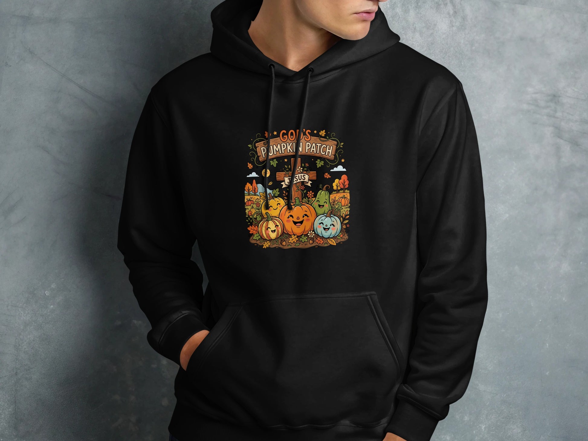 Cartoon pumpkins and autumn leaves with text "God's Pumpkin Patch" and "Jesus"