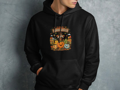 Cartoon pumpkins and autumn leaves with text "God's Pumpkin Patch" and "Jesus"