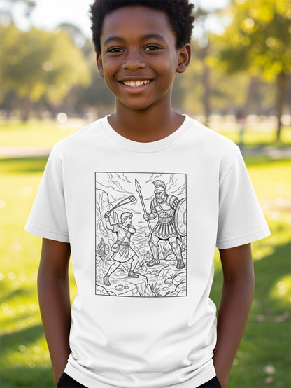 Boy wearing white t-shirt with a black and white drawing of two warriors fighting.