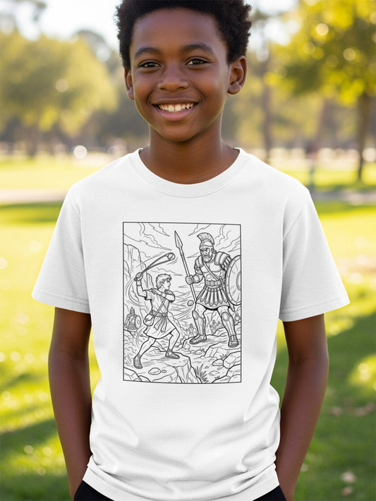 Boy wearing white t-shirt with a black and white drawing of two warriors fighting.