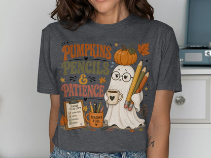 Ghost wearing glasses with pumpkin on head holding pencils and coffee, text "PUMPKINS PENCILS & PATIENCE".