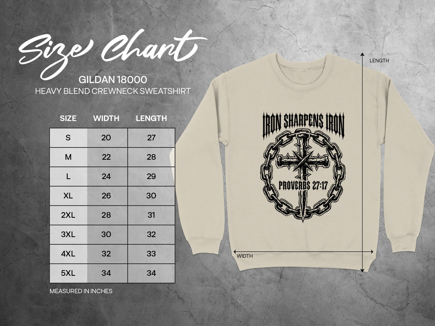 Gildan 18000 sweatshirt size chart with "Iron Sharpens Iron" graphic.