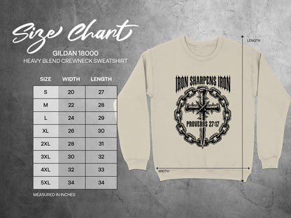 Gildan 18000 sweatshirt size chart with "Iron Sharpens Iron" graphic.