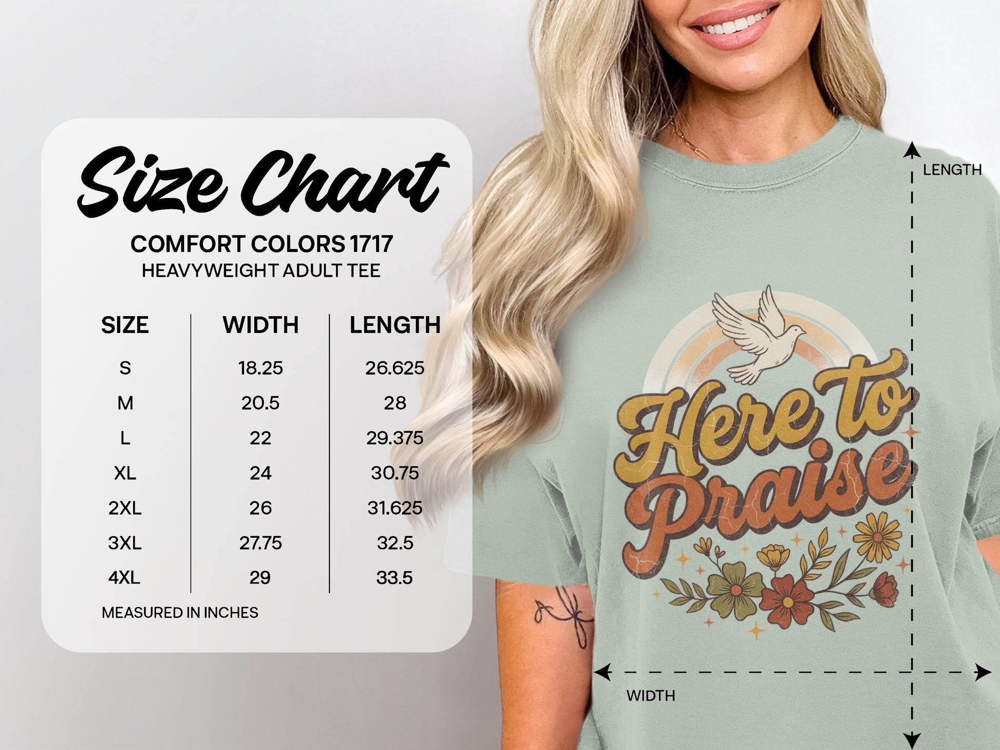 Comfort Colors 1717 Heavyweight Adult Tee size chart with width and length measurements.