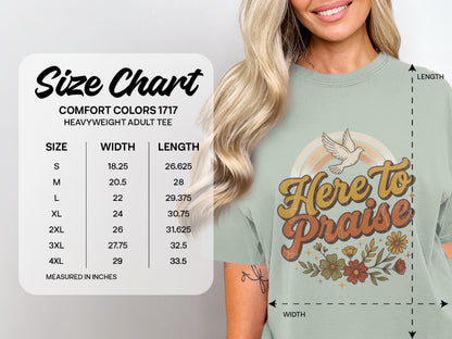 Comfort Colors 1717 Heavyweight Adult Tee size chart with width and length measurements.
