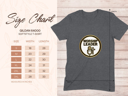 Gildan 64000 t-shirt size chart with width and length measurements.