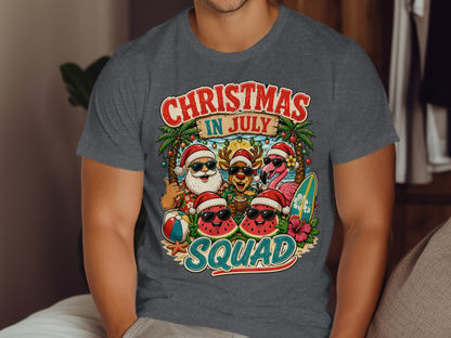 Christmas in July Squad graphic with Santa, reindeer, and flamingos wearing sunglasses.