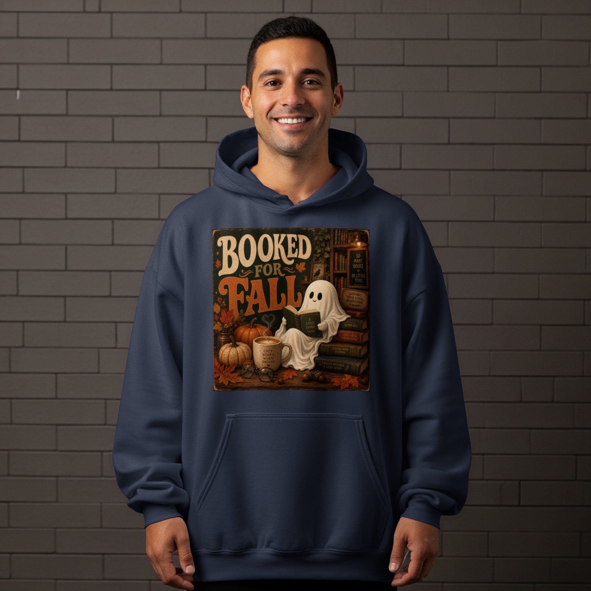 Ghost reading a book with "Booked for Fall" text, pumpkins, and coffee.