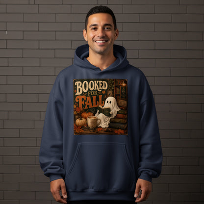 Ghost reading a book with "Booked for Fall" text, pumpkins, and coffee.