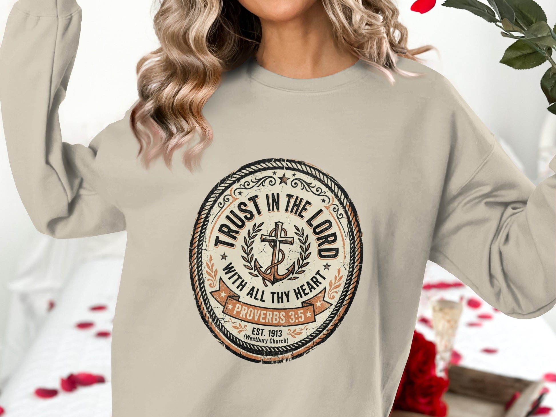 Cream sweatshirt with "Trust in the Lord Proverbs 3:5" circular graphic.