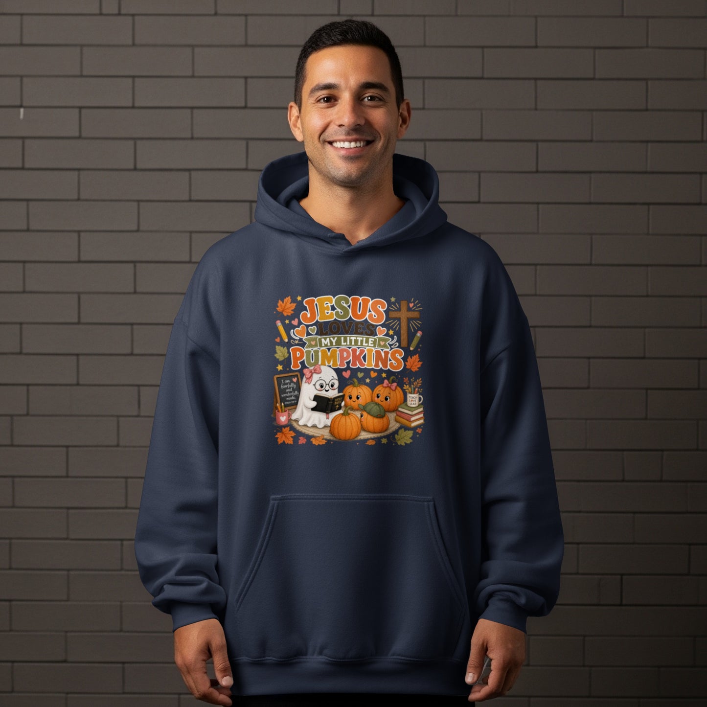 Navy hoodie with a graphic reading "Jesus Loves My Little Pumpkins" and Halloween imagery.