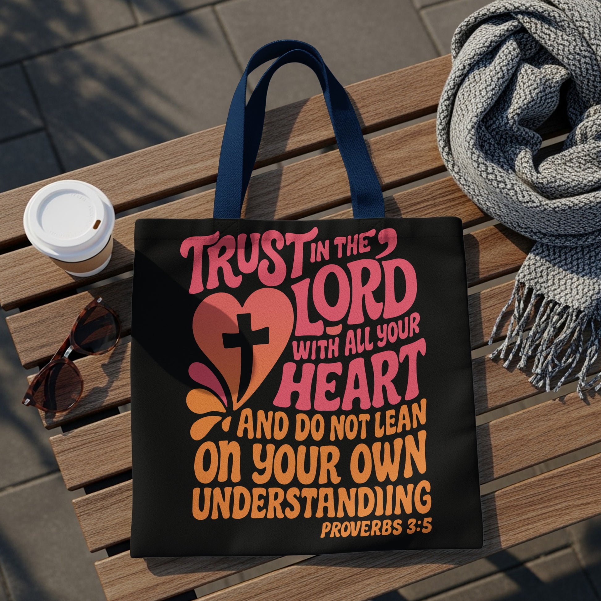 Black tote bag with text "Trust in the Lord with all your heart and do not lean on your own understanding." Proverbs 3:5.