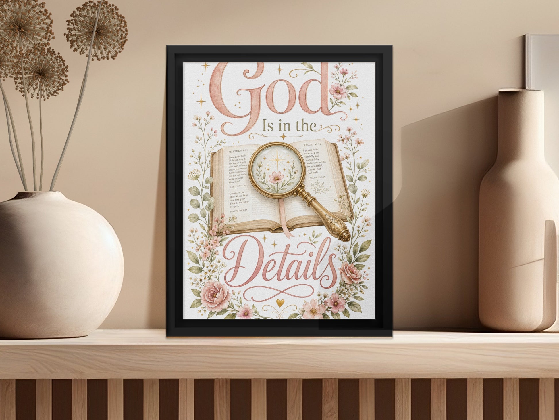 Framed artwork displaying "God Is in the Details" with an open bible and flowers.