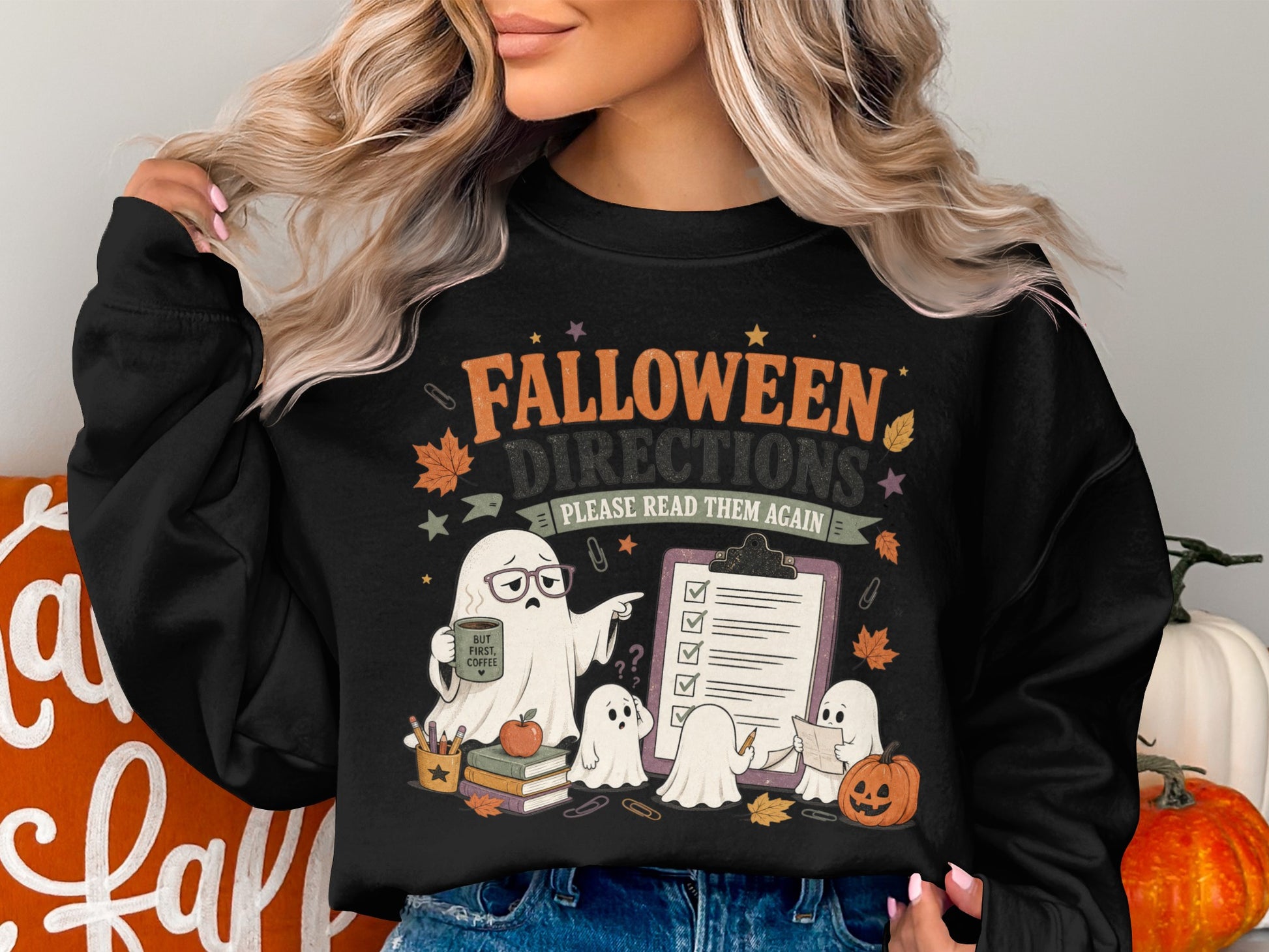 Halloween ghosts with a clipboard, coffee cup, books, and pumpkin.