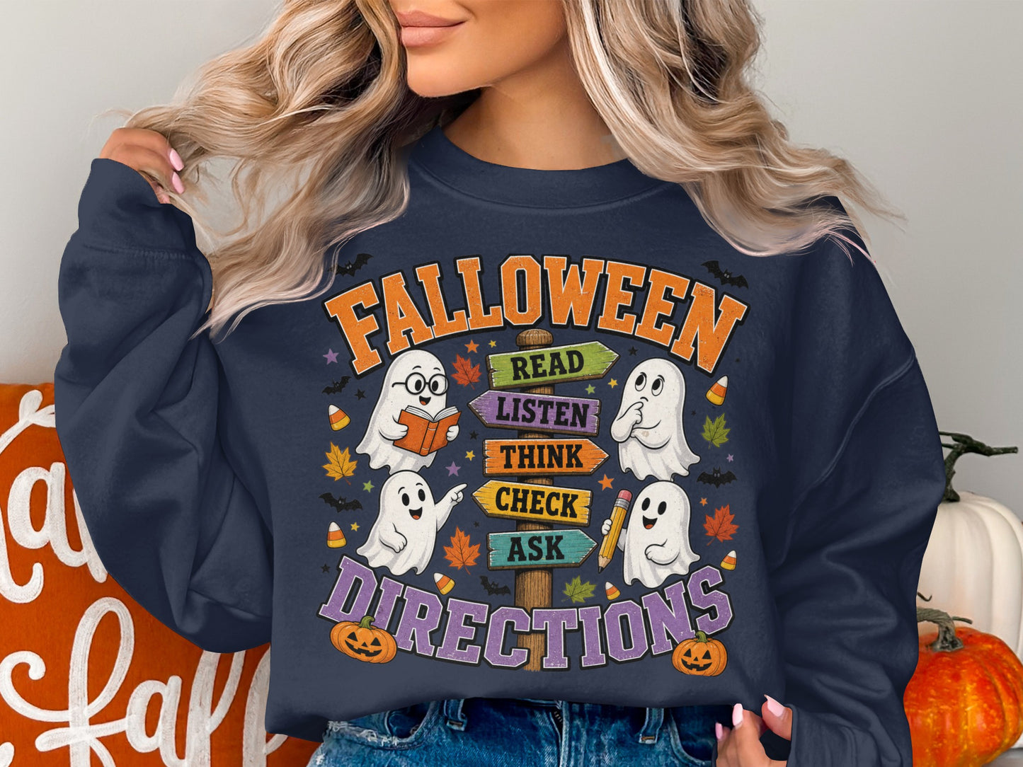 "Falloween" graphic with ghosts reading, thinking, and pointing to directional signs.