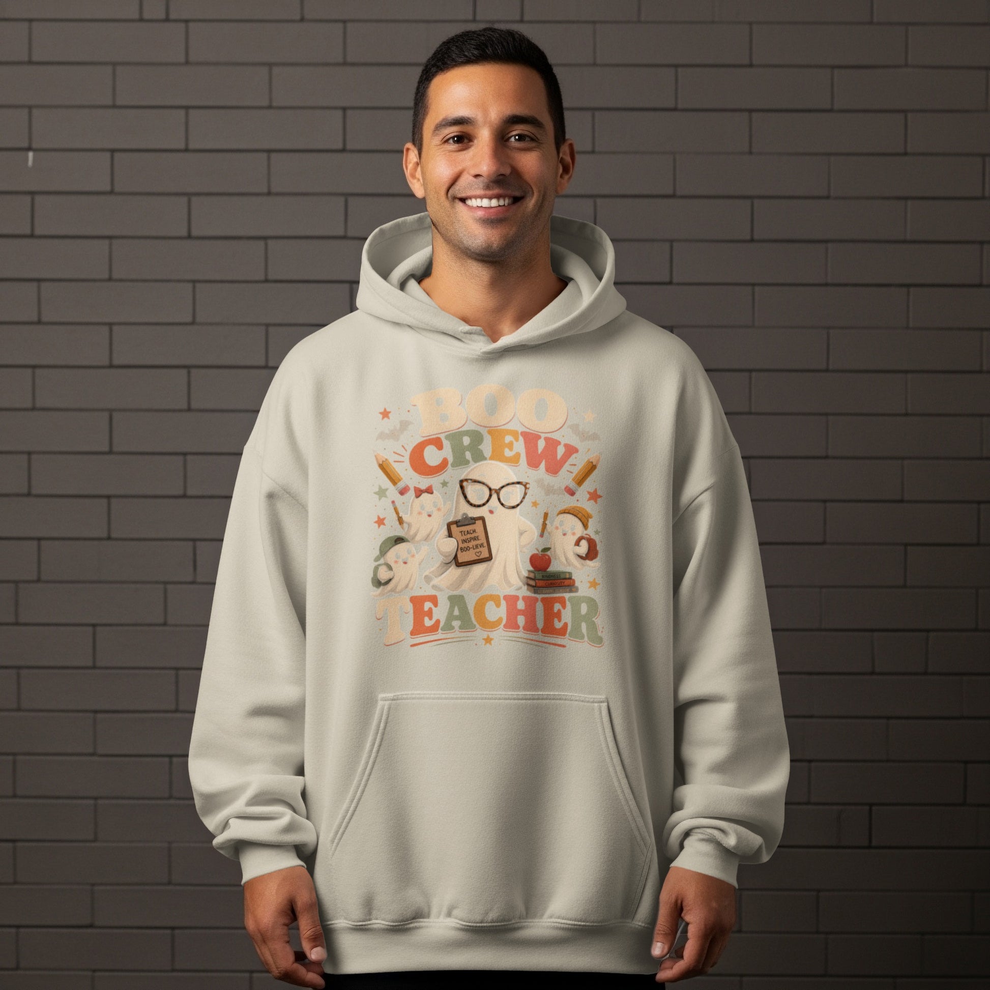 Light grey hoodie with "Boo Crew Teacher" graphic featuring ghosts and school items.