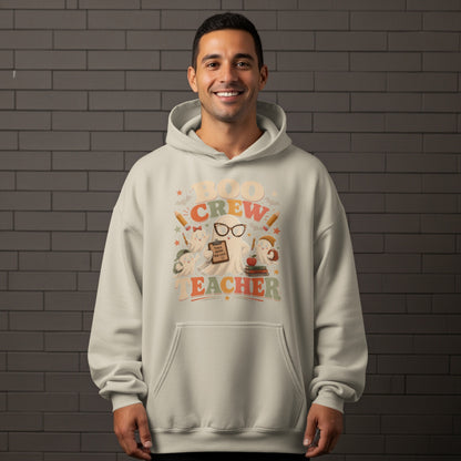 Light grey hoodie with "Boo Crew Teacher" graphic featuring ghosts and school items.