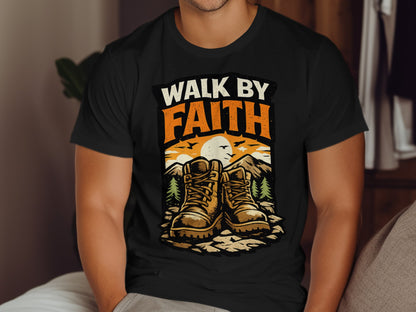 Hiking boots on a mountain landscape with "Walk by Faith" text.