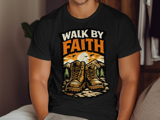 Hiking boots on a mountain landscape with "Walk by Faith" text.