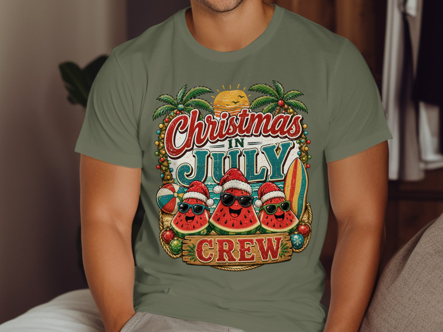Christmas in July Crew with watermelons in Santa hats.