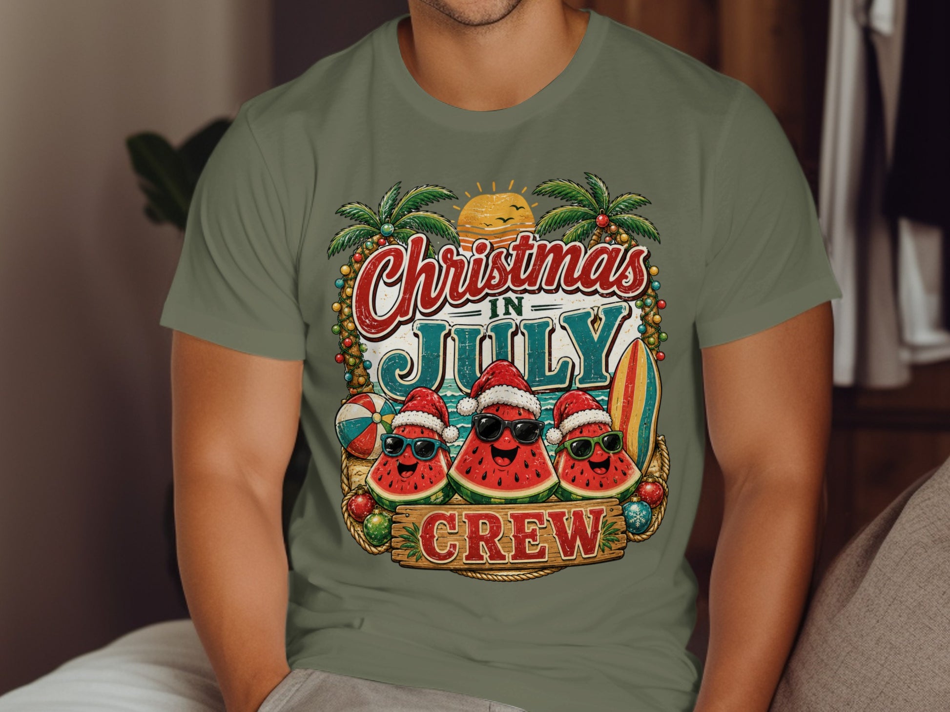 Christmas in July Crew with watermelons in Santa hats.