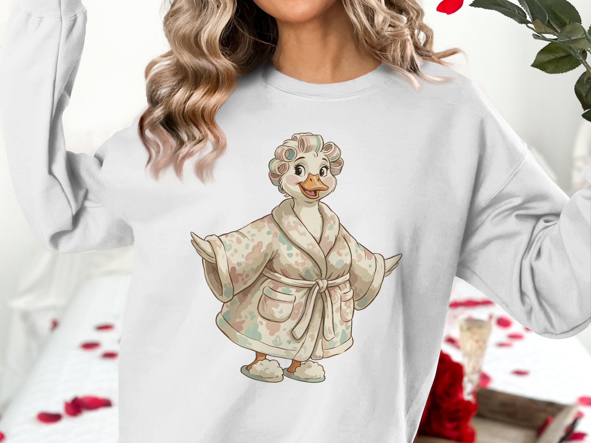 Duck wearing a patterned bathrobe and hair rollers, with arms spread.