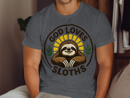 T-shirt with a smiling sloth and text "God Loves Sloths".
