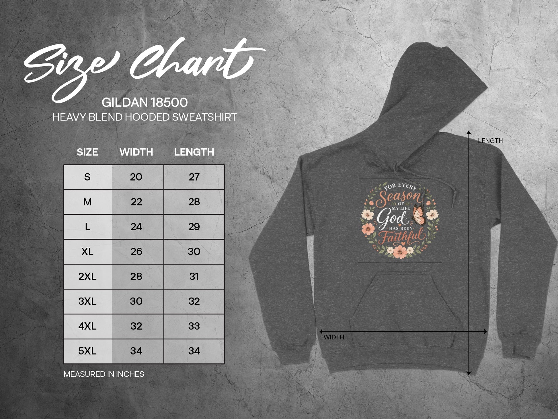 Gildan 18500 hooded sweatshirt size chart with width and length measurements.