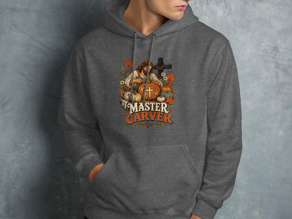 Gray hoodie with "MASTER CARVER" text and pumpkin and cross graphic.