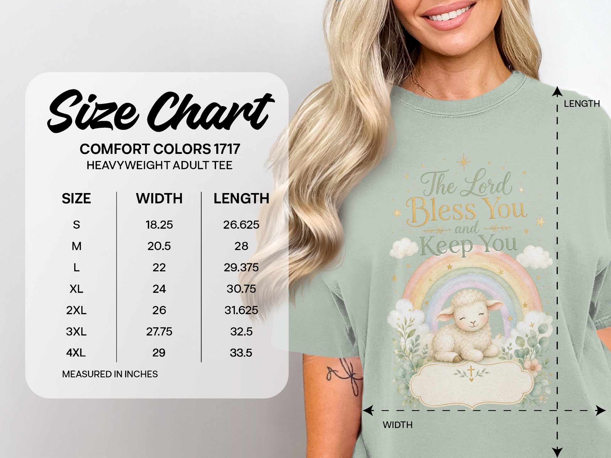 Comfort Colors 1717 heavyweight adult tee size chart with width and length measurements.