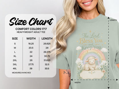 Comfort Colors 1717 heavyweight adult tee size chart with width and length measurements.