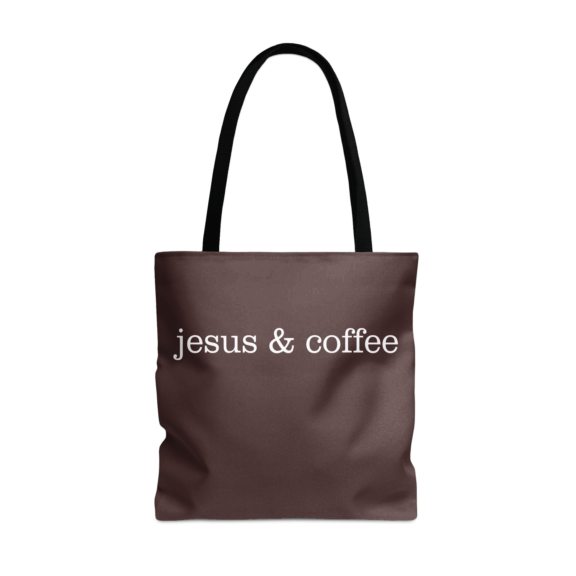 Brown tote bag with white text "jesus & coffee" and black handles.