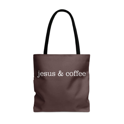 Brown tote bag with white text "jesus & coffee" and black handles.