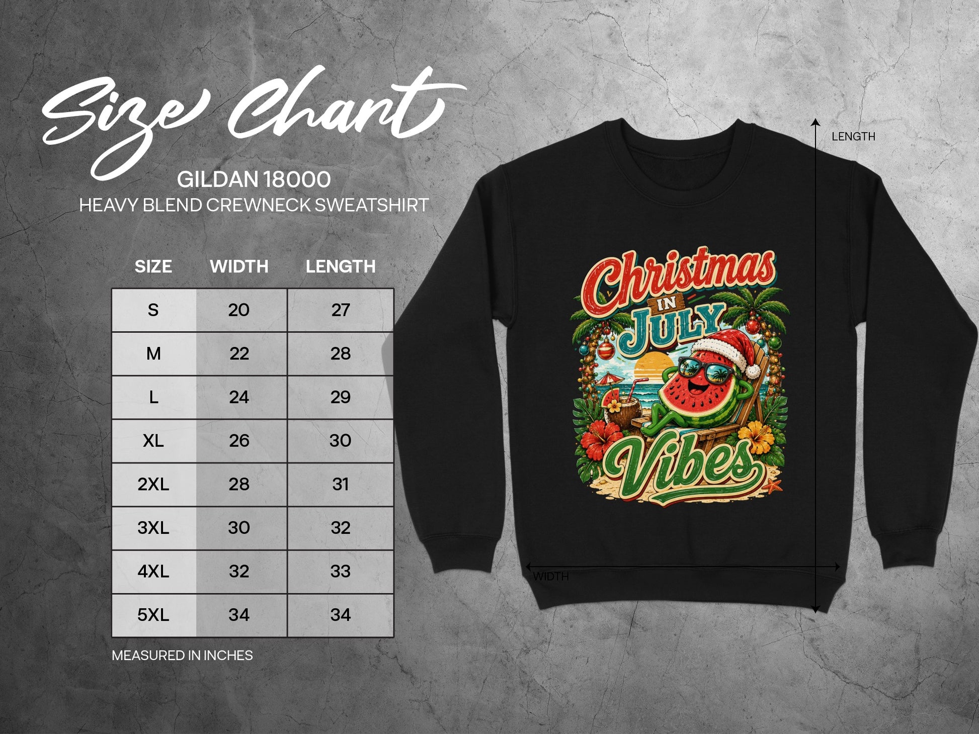 Gildan 18000 size chart for crewneck sweatshirt with Christmas in July graphic.