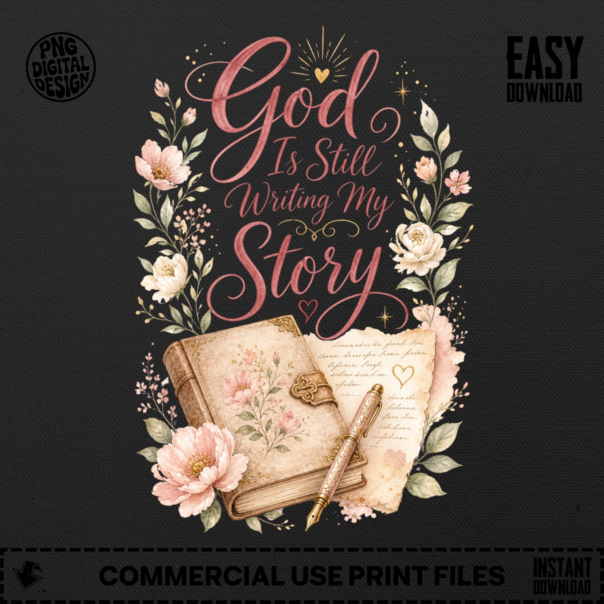 Floral illustration with "God Is Still Writing My Story" text and antique book.