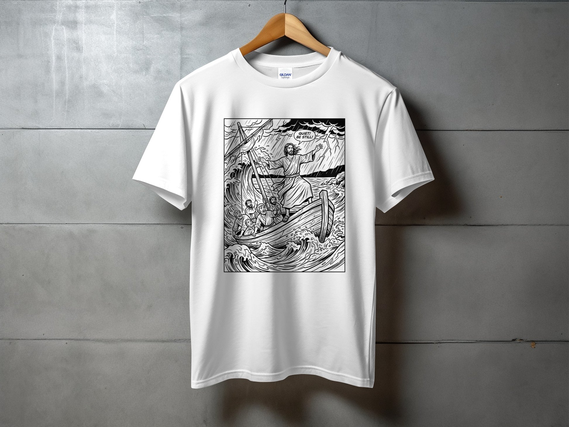 White t-shirt with graphic of Jesus calming the storm.