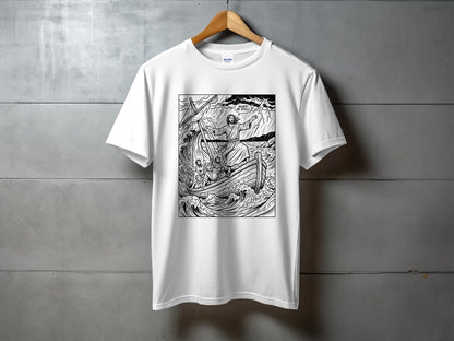 White t-shirt with graphic of Jesus calming the storm.