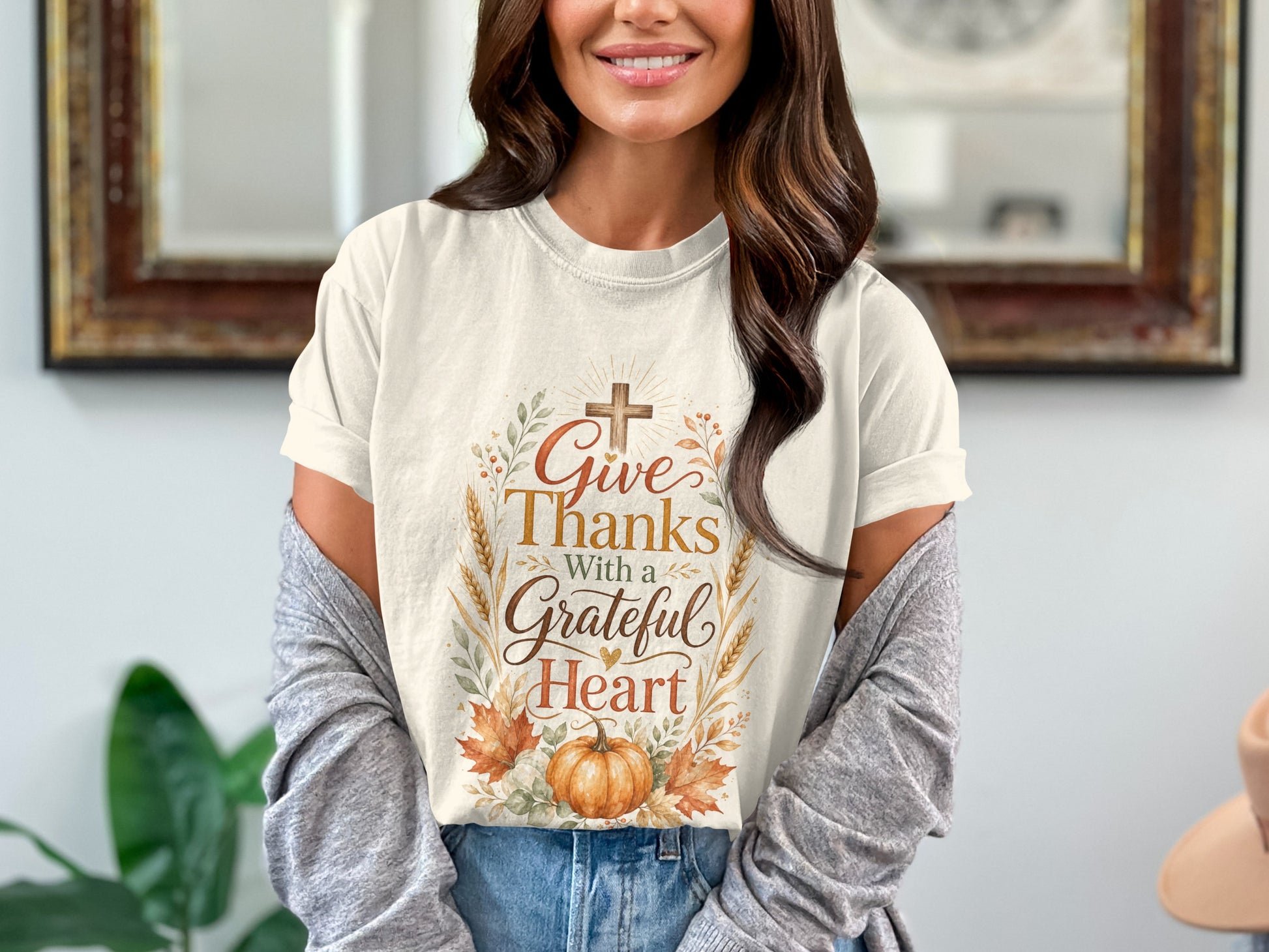 Cream t-shirt with "Give Thanks With a Grateful Heart" text and autumn graphics.